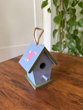 Handcrafted Blue Wooden Birdhouse with Green Trim